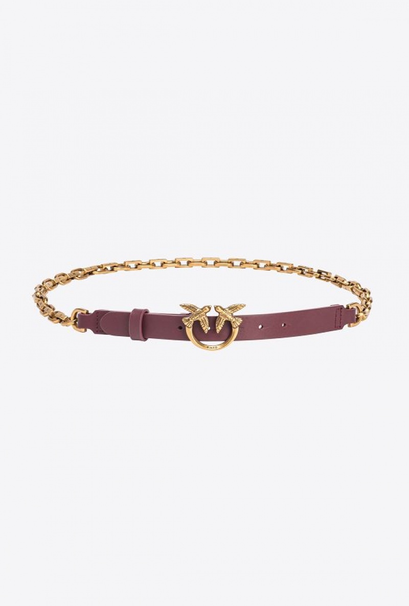 Pinko Thin Love Birds Belt With Chain 2cm INTENSE BERRY-ANTIQUE GOLD | SN-PKO34204