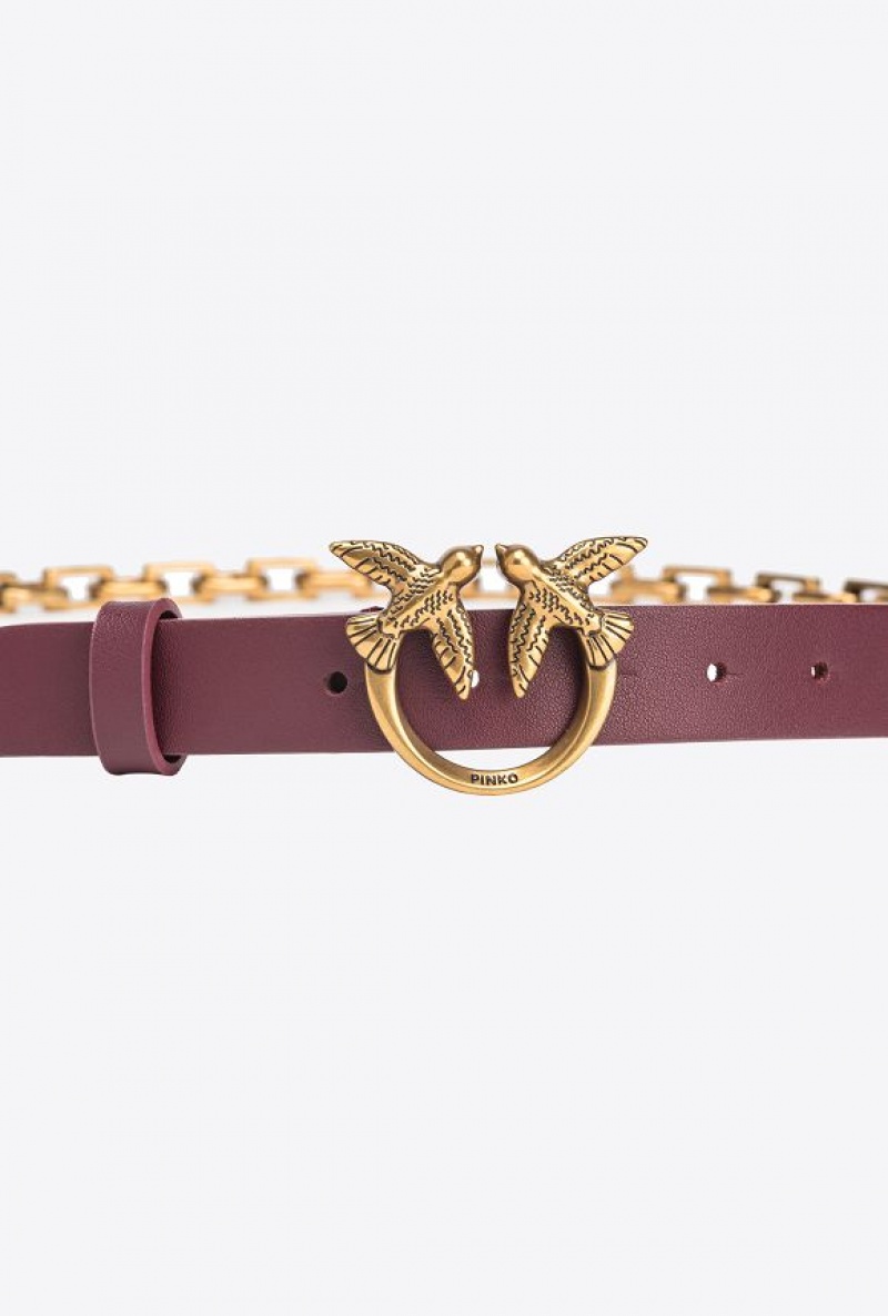 Pinko Thin Love Birds Belt With Chain 2cm INTENSE BERRY-ANTIQUE GOLD | SN-PKO34204