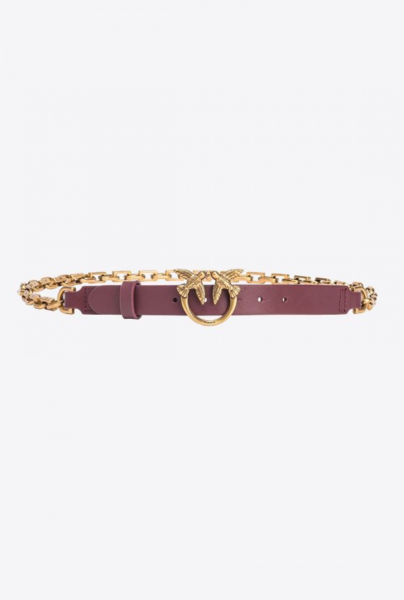 Pinko Thin Love Birds Belt With Chain 2cm INTENSE BERRY-ANTIQUE GOLD | SN-PKO34204