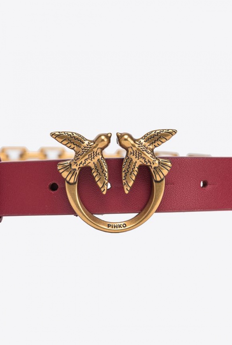 Pinko Thin Love Birds Belt With Chain 2cm DARK RED-ANTIQUE GOLD | SN-PKO34205