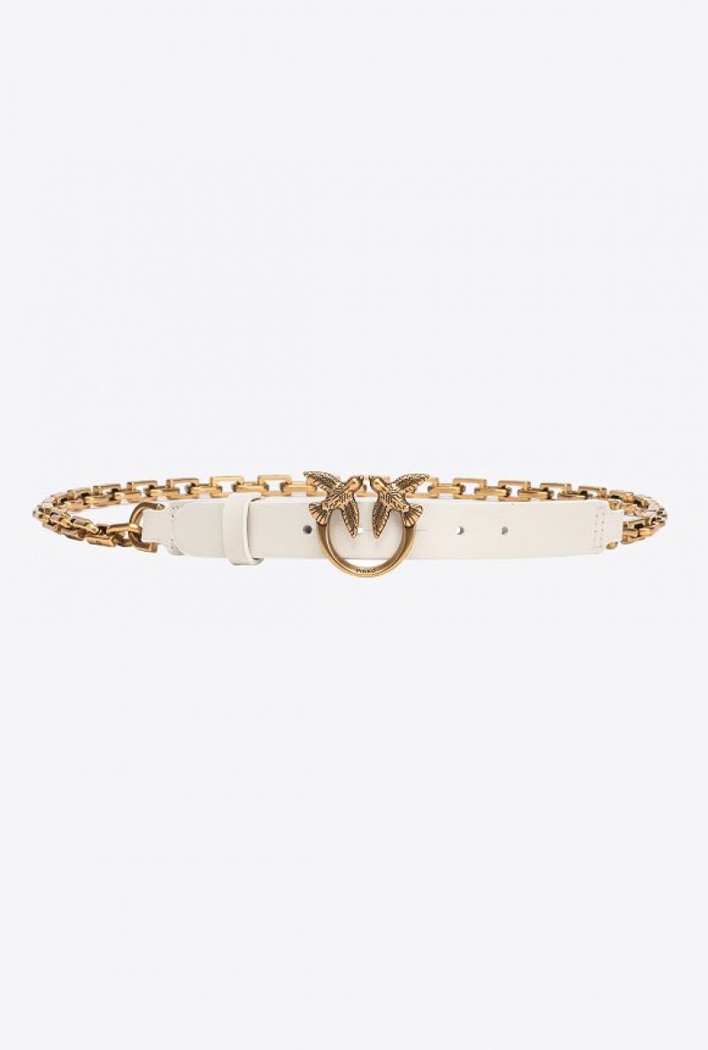 Pinko Thin Love Birds Belt With Chain 2cm WHITE+WHITE-ANTIQUE GOLD | SN-PKO34206