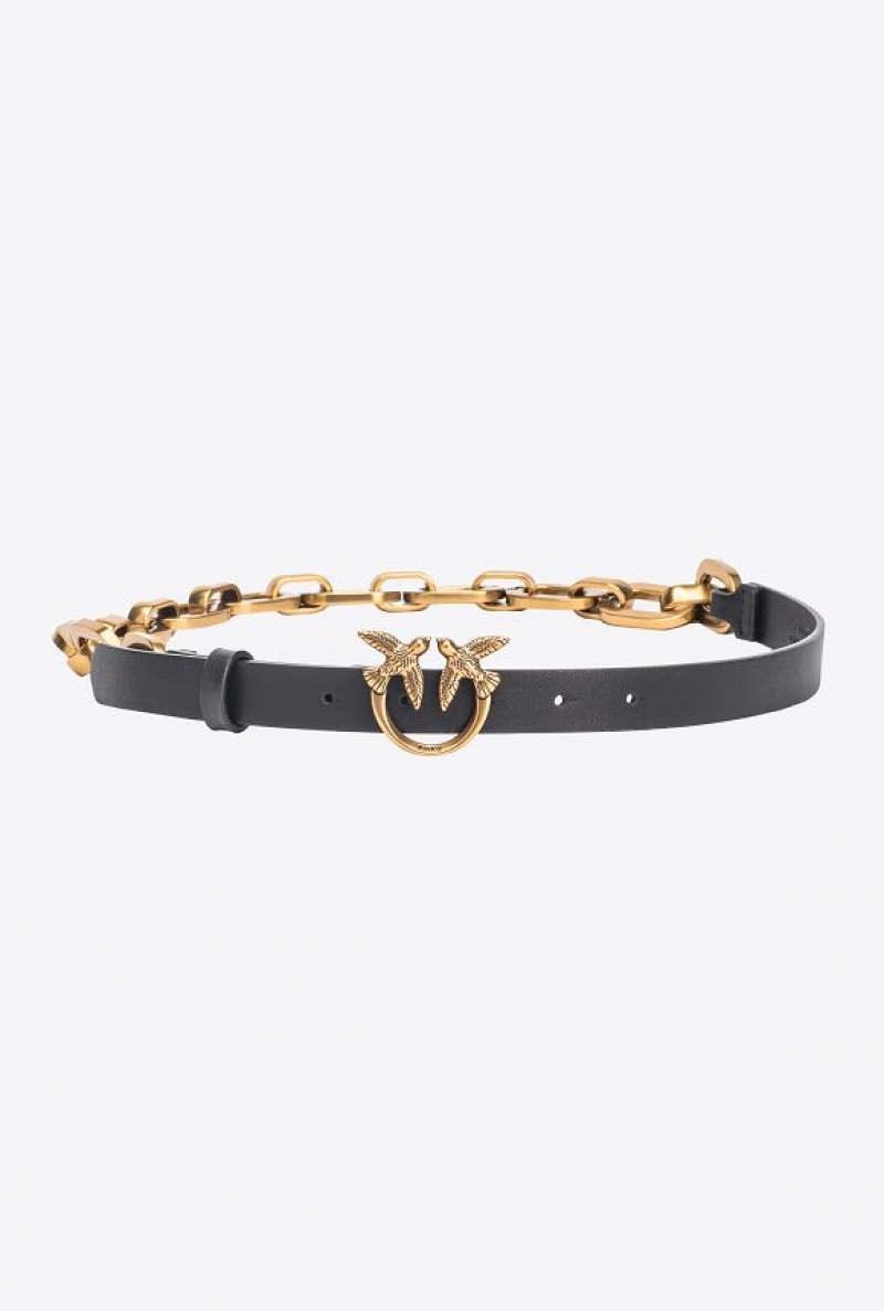 Pinko Thin Love Birds Belt With Chain BLACK-ANTIQUE GOLD | SN-PKO34184