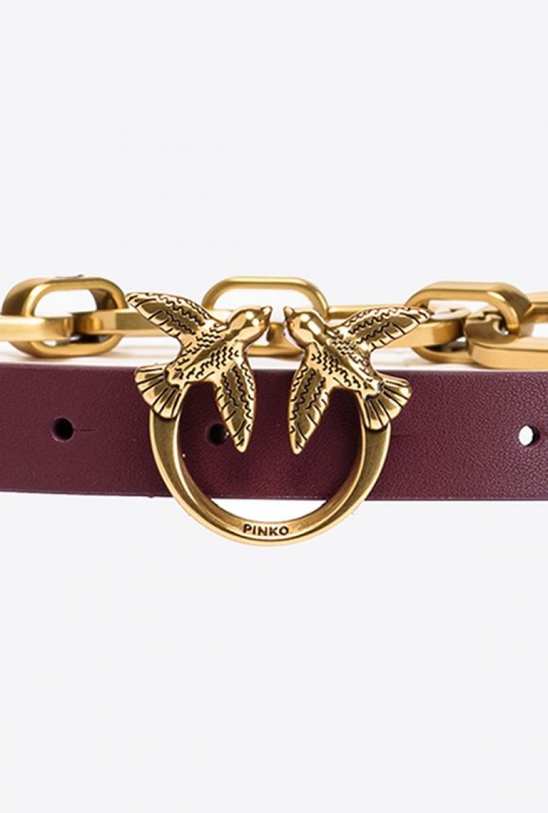 Pinko Thin Love Birds Belt With Chain INTENSE BERRY-ANTIQUE GOLD | SN-PKO34170