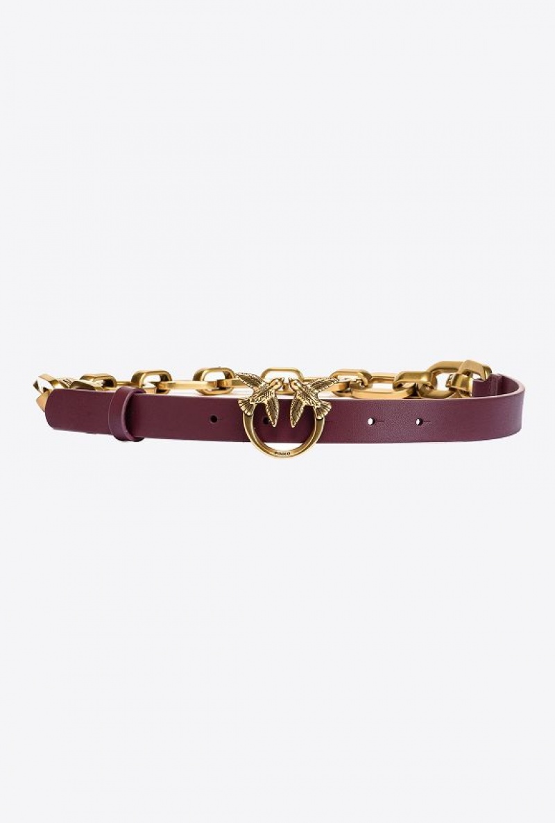 Pinko Thin Love Birds Belt With Chain INTENSE BERRY-ANTIQUE GOLD | SN-PKO34170