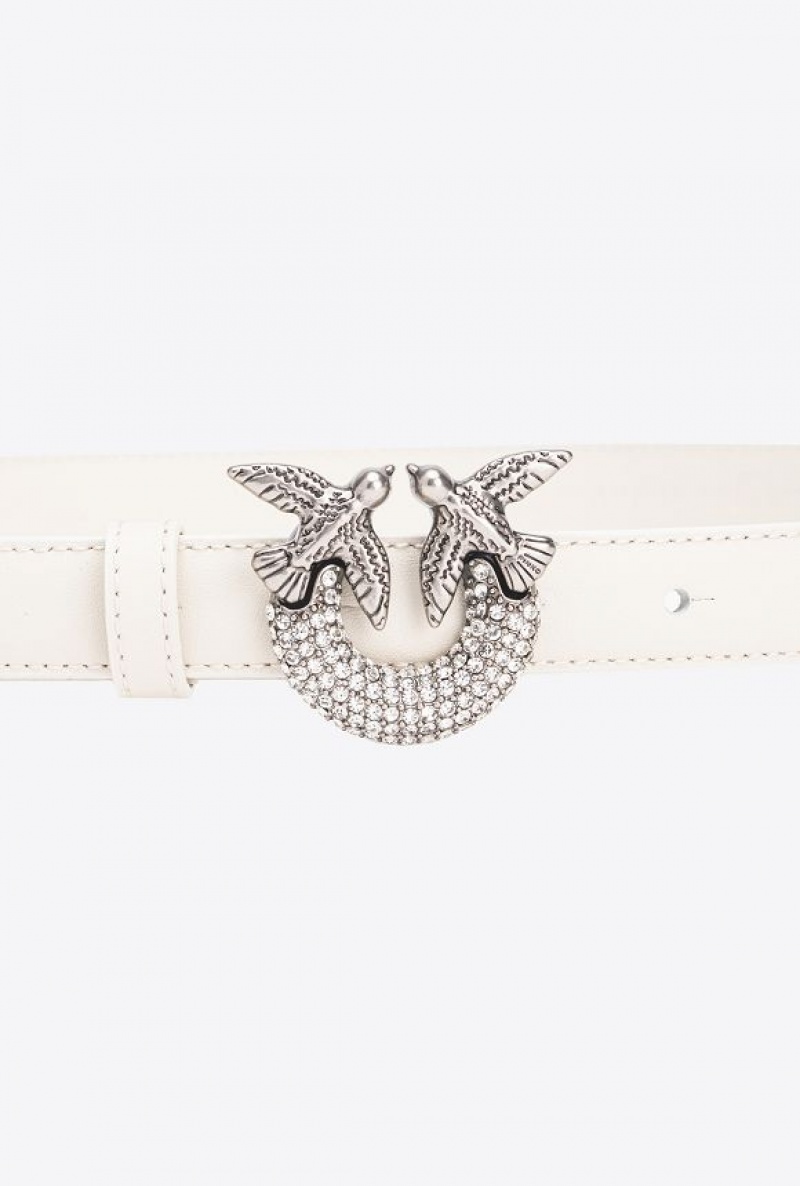 Pinko Thin Love Birds Belt With Rhinestones 2cm WHITE+WHITE-OLD SILVER | SN-PKO34248