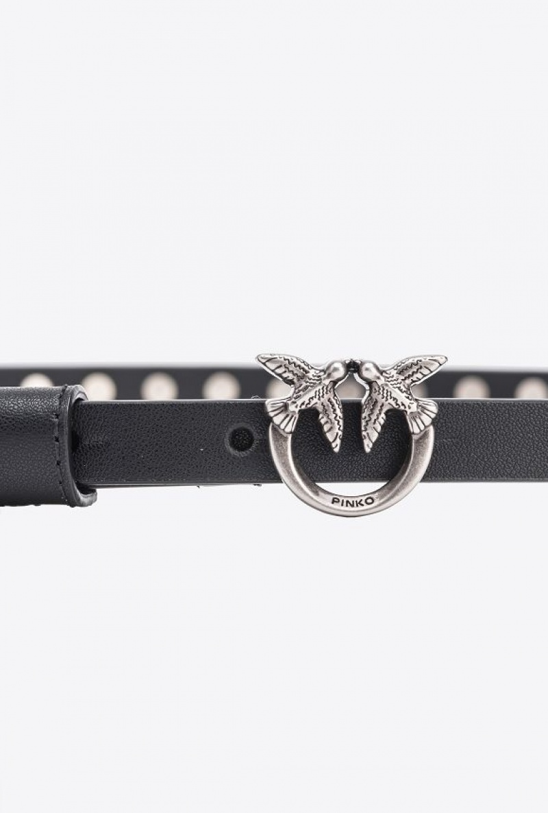 Pinko Thin Love Birds Belt With Studs 1cm BLACK-OLD SILVER | SN-PKO34219