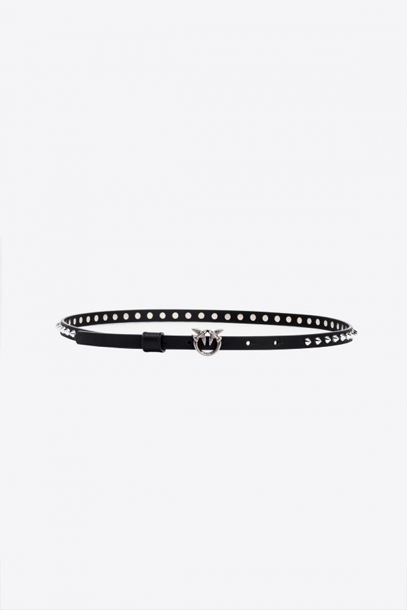 Pinko Thin Love Birds Belt With Studs 1cm BLACK-OLD SILVER | SN-PKO34219