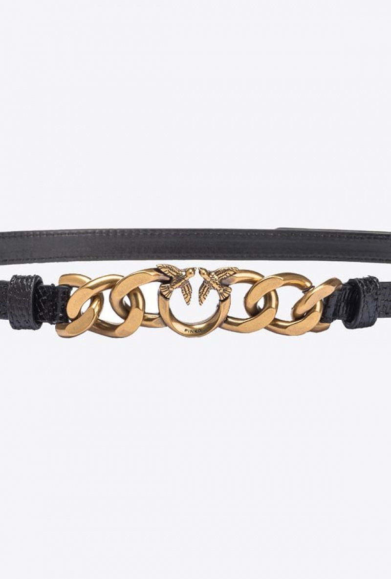 Pinko Thin Reptile-print Belt 1cm BLACK-ANTIQUE GOLD | SN-PKO34215