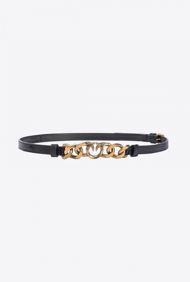 Pinko Thin Reptile-print Belt 1cm BLACK-ANTIQUE GOLD | SN-PKO34215