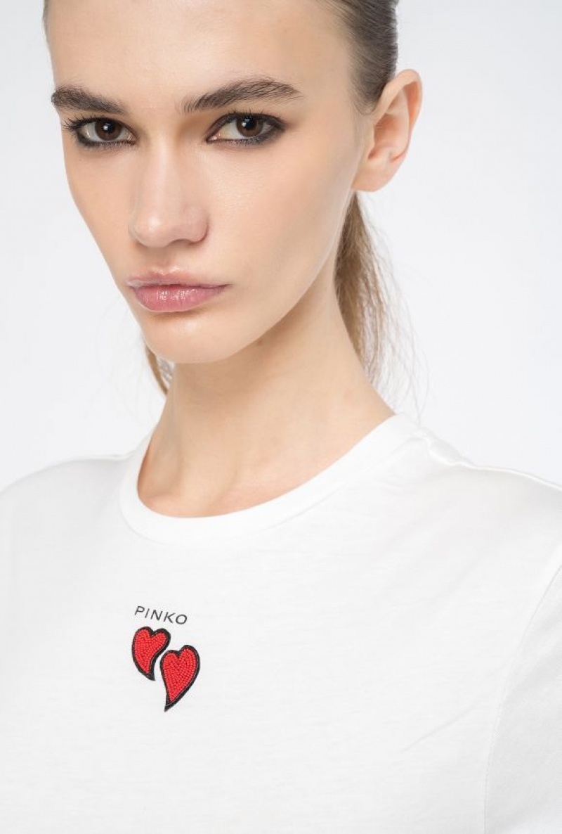 Pinko T-shirt With Heart Embroidery SILK WHITE | SN-PKO33235