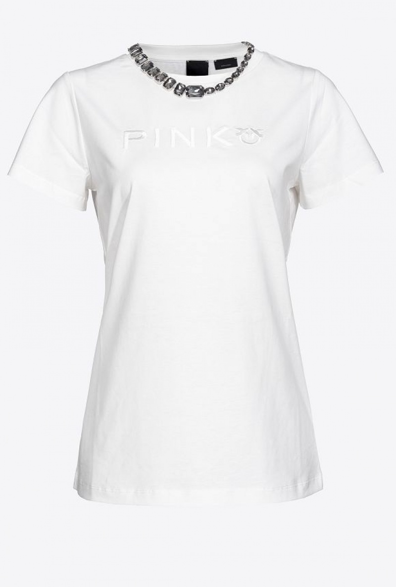 Pinko T-shirt With Jewel Necklace WHITE/BLACK DIAMOND | SN-PKO33284