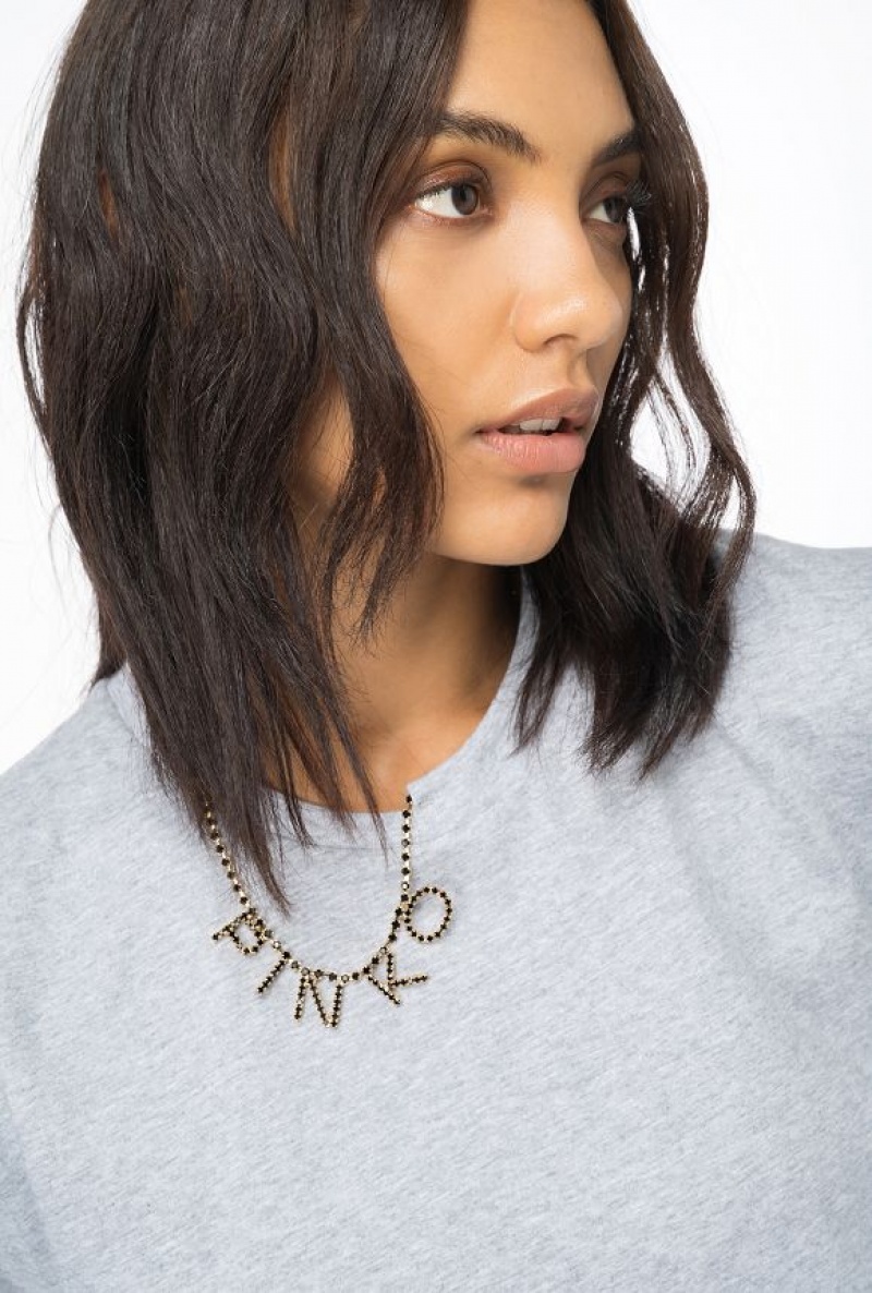 Pinko T-shirt With Rhinestone Necklace DRIZZLE GREY | SN-PKO33352