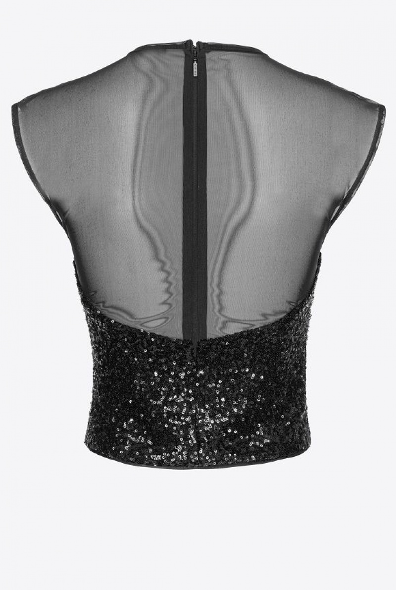 Pinko Tulle Top With Sequin Embroidery LIMO BLACK | SN-PKO33333