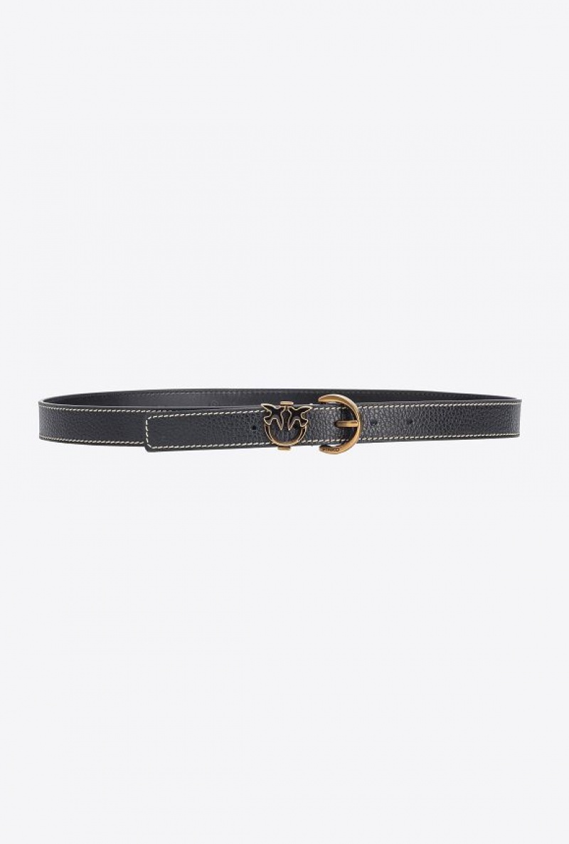 Pinko Tumbled Leather Belt With Love Birds Detail, 2.5 Cm BLACK-ANTIQUE GOLD | SN-PKO34224