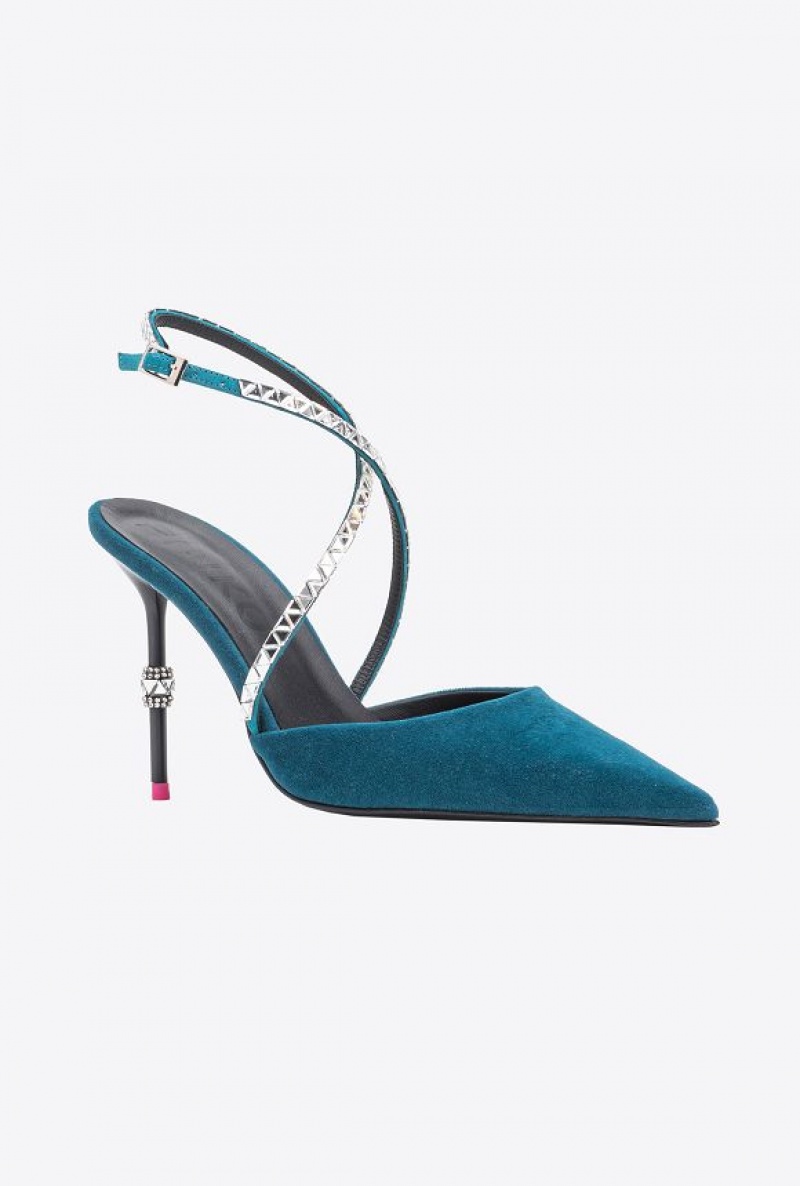 Pinko Velvet Slingbacks With Rhinestones PETROL BLUE-PACIFIC BLUE | SN-PKO34158