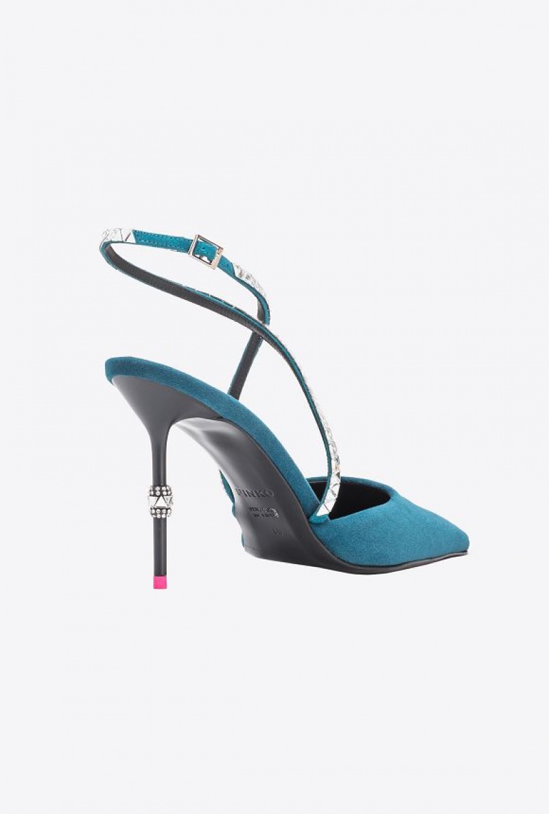 Pinko Velvet Slingbacks With Rhinestones PETROL BLUE-PACIFIC BLUE | SN-PKO34158