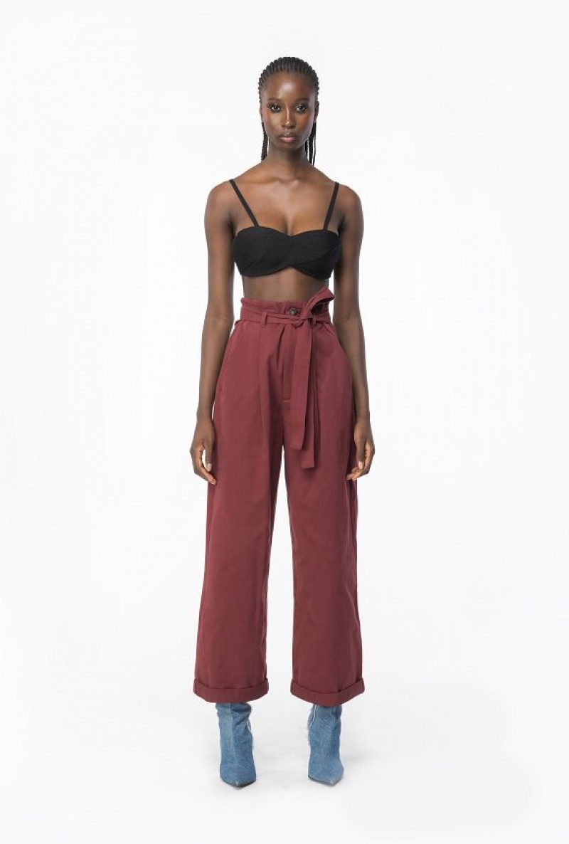 Pinko Washed Cotton Wide-leg Trousers BURGUNDY-PORT ROYALE | SN-PKO33786