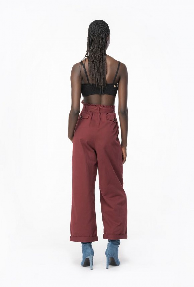 Pinko Washed Cotton Wide-leg Trousers BURGUNDY-PORT ROYALE | SN-PKO33786