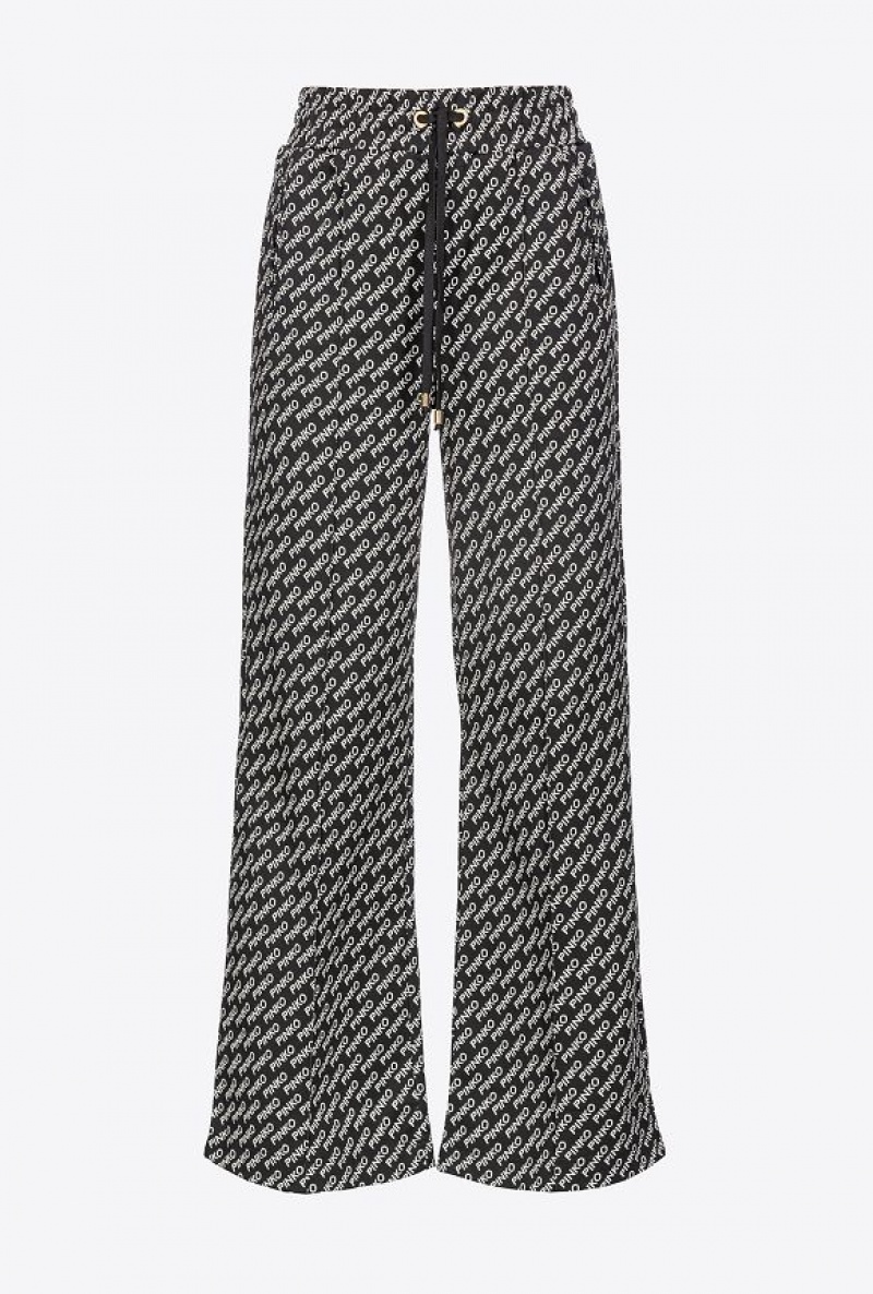 Pinko Wide-leg Logo Jacquard Trousers BLACK/IVORY | SN-PKO33706