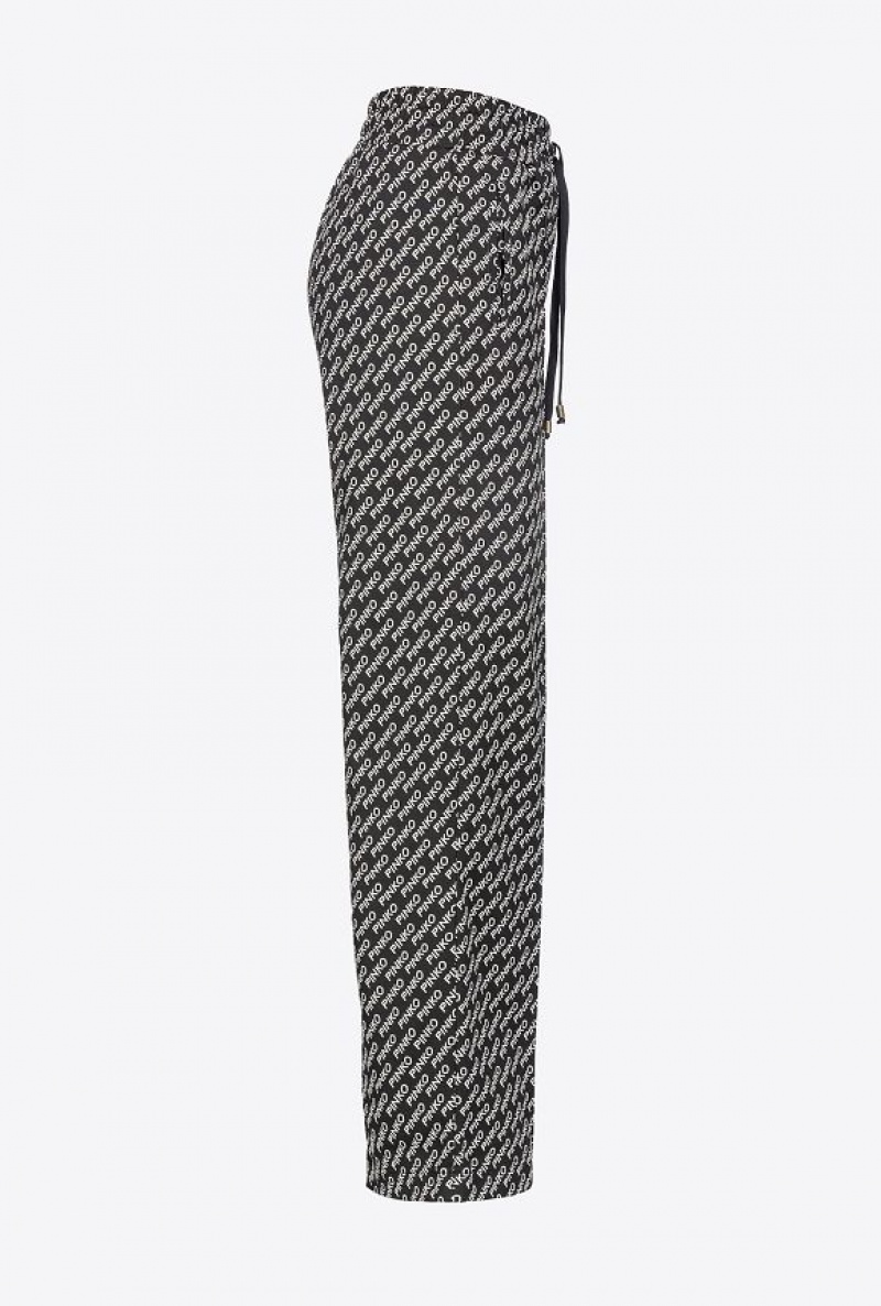 Pinko Wide-leg Logo Jacquard Trousers BLACK/IVORY | SN-PKO33818