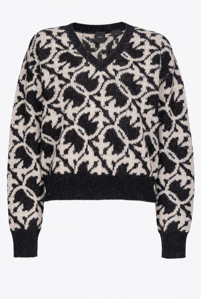 Pinko Wool And Alpaca Love Birds V-neck Sweater BLACK/IVORY | SN-PKO33442