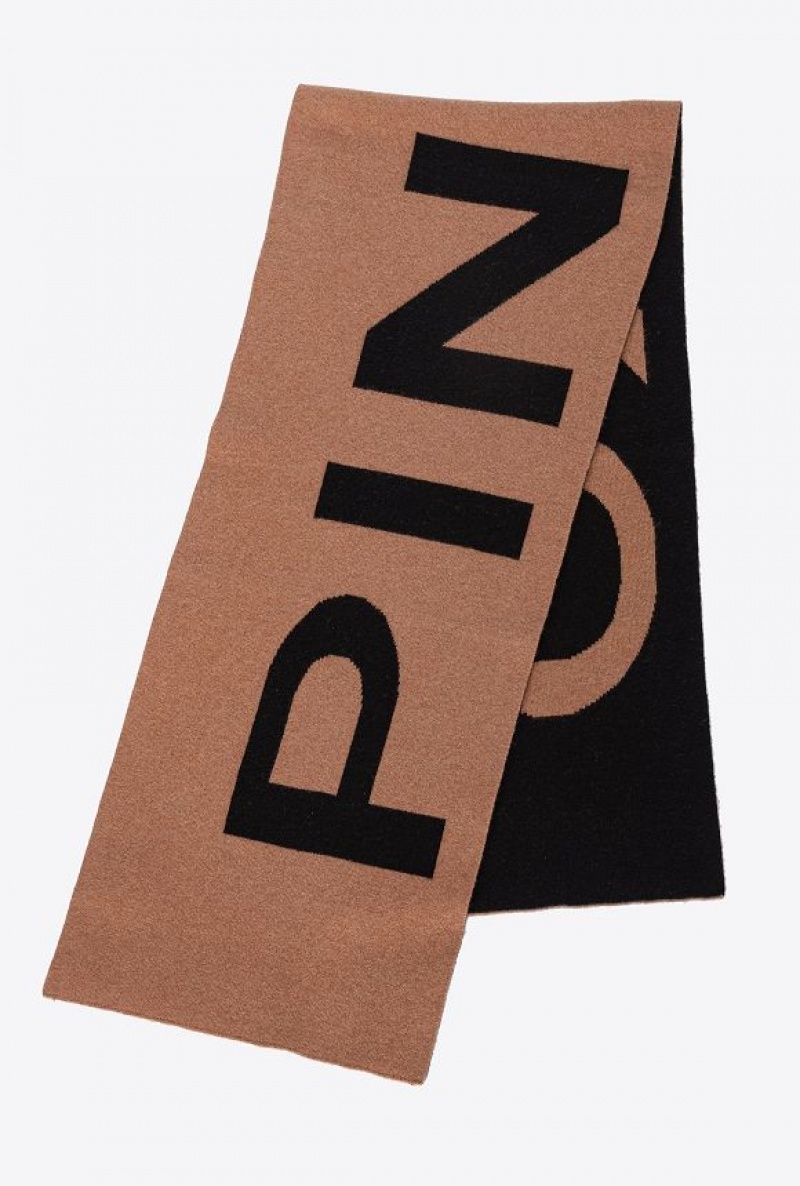 Pinko Wool And Cashmere Scarf With Large Logo CAMEL/BLACK | SN-PKO34382