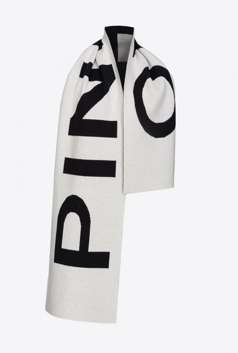 Pinko Wool And Cashmere Scarf With Large Logo WHITE/BLACK | SN-PKO34390