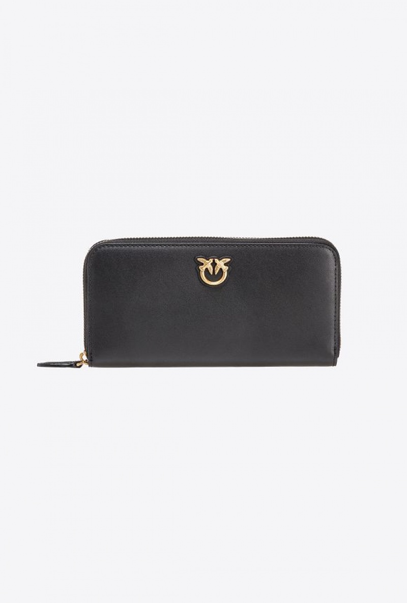 Pinko Zip-around Leather Purse BLACK-ANTIQUE GOLD | SN-PKO34282