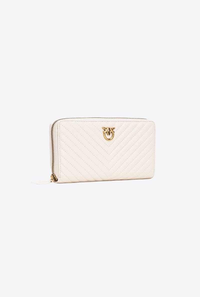 Pinko Zip-around Wallet In Chevron-patterned Nappa Leather WHITE+WHITE-ANTIQUE GOLD | SN-PKO34284