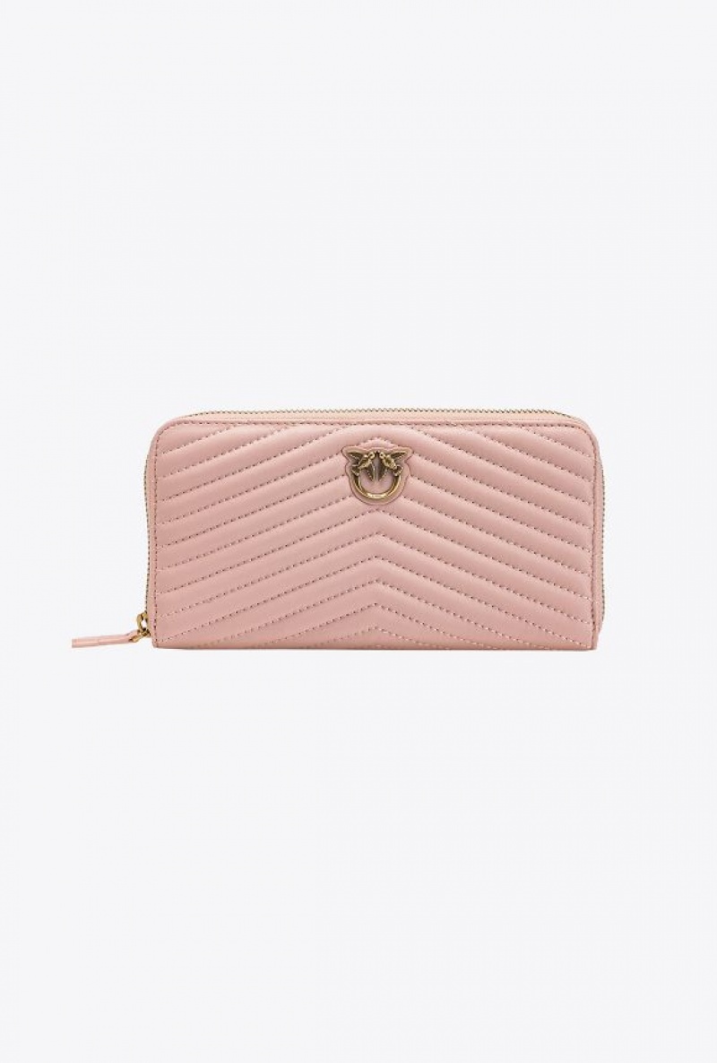 Pinko Zip-around Wallet In Chevron-patterned Nappa Leather PINK/DUSTY PINK-ANTIQUE GOLD | SN-PKO34285