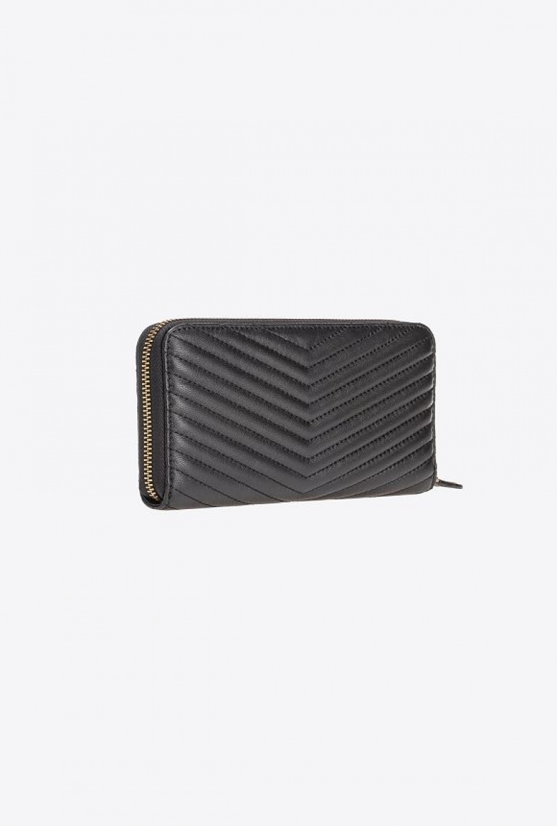 Pinko Zip-around Wallet In Chevron-patterned Nappa Leather BLACK-ANTIQUE GOLD | SN-PKO34286