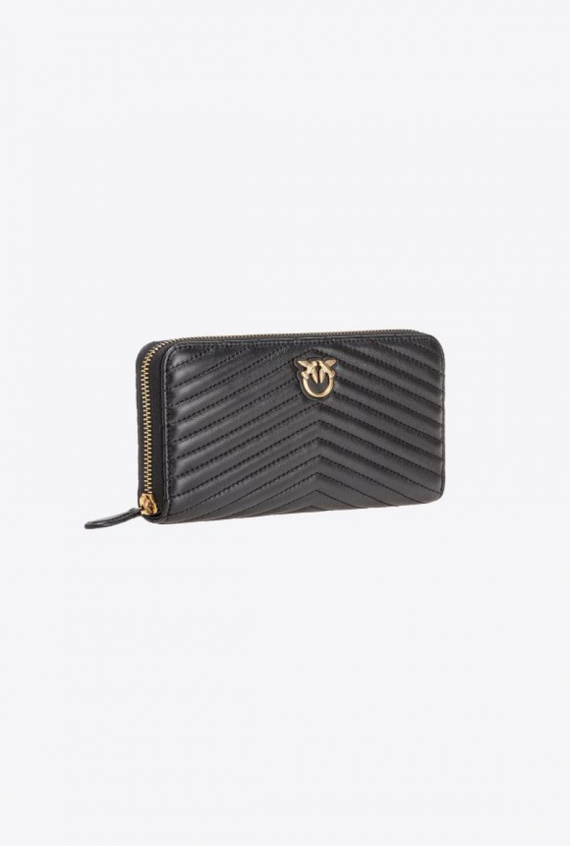 Pinko Zip-around Wallet In Chevron-patterned Nappa Leather BLACK-ANTIQUE GOLD | SN-PKO34286