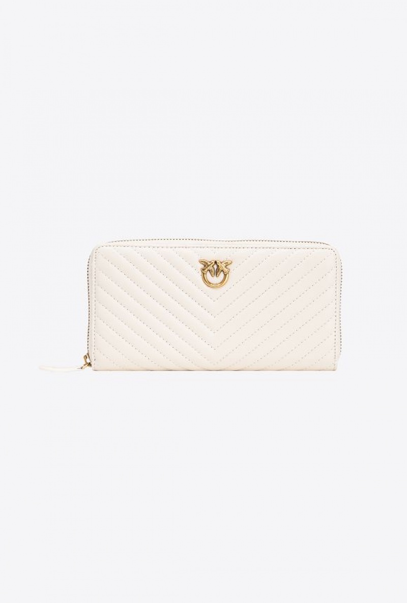 Pinko Zip-around Wallet In Chevron-patterned Nappa Leather WHITE+WHITE-ANTIQUE GOLD | SN-PKO34329