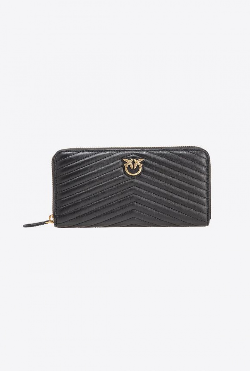 Pinko Zip-around Wallet In Chevron-patterned Nappa Leather BLACK-ANTIQUE GOLD | SN-PKO34331